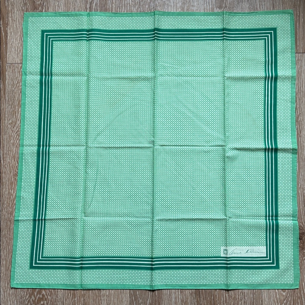 vintage Anne Klein scarf, green geometric pattern, 26” square